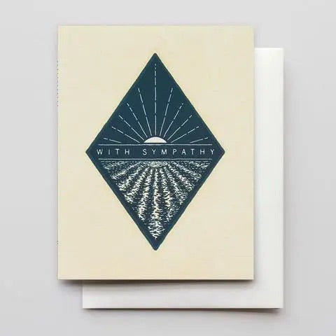 Cream colored card with navy diamond in the middle. White text within the diamond reads "with sympathy" 