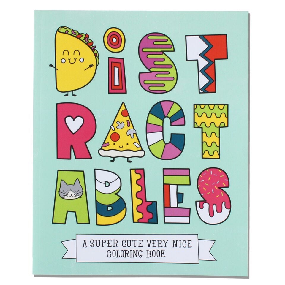 Coloring book cover. Light turquoise background with “distractables” spelled out in illustrated block letters 