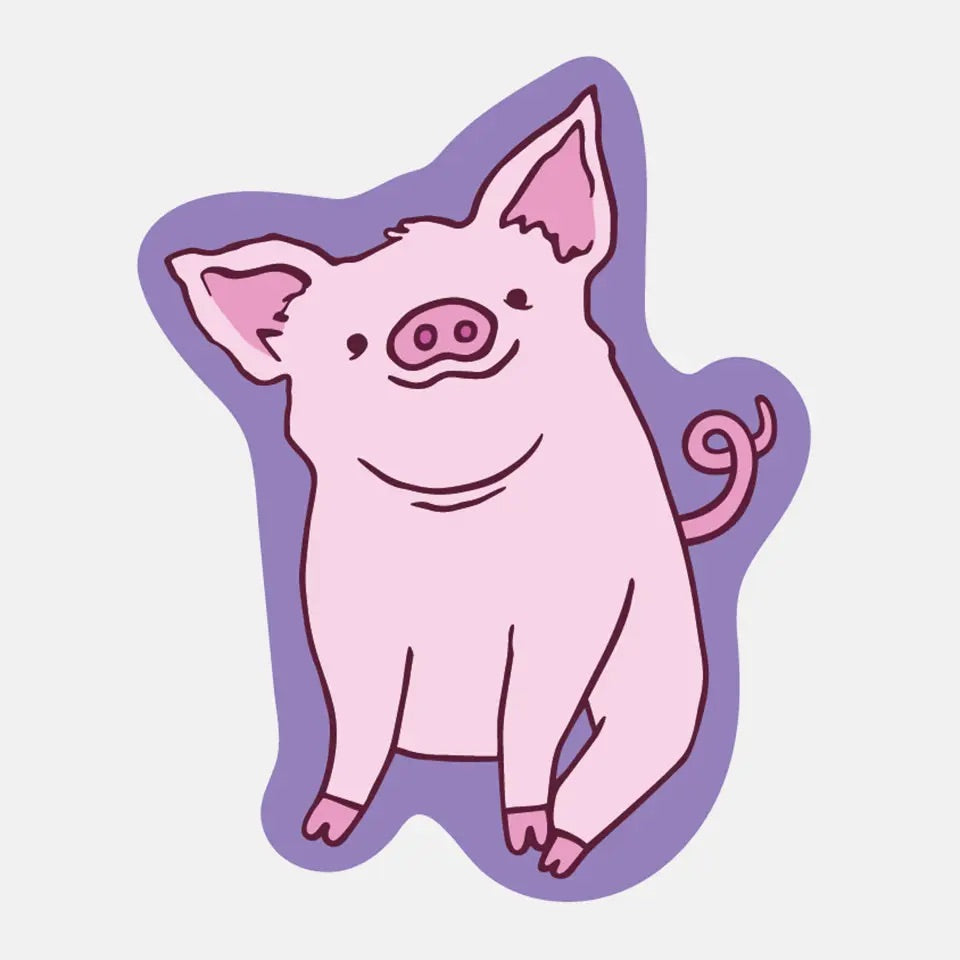 Die-cut sticker in the shape of a pig. Purple background with illustrated pink pig. 