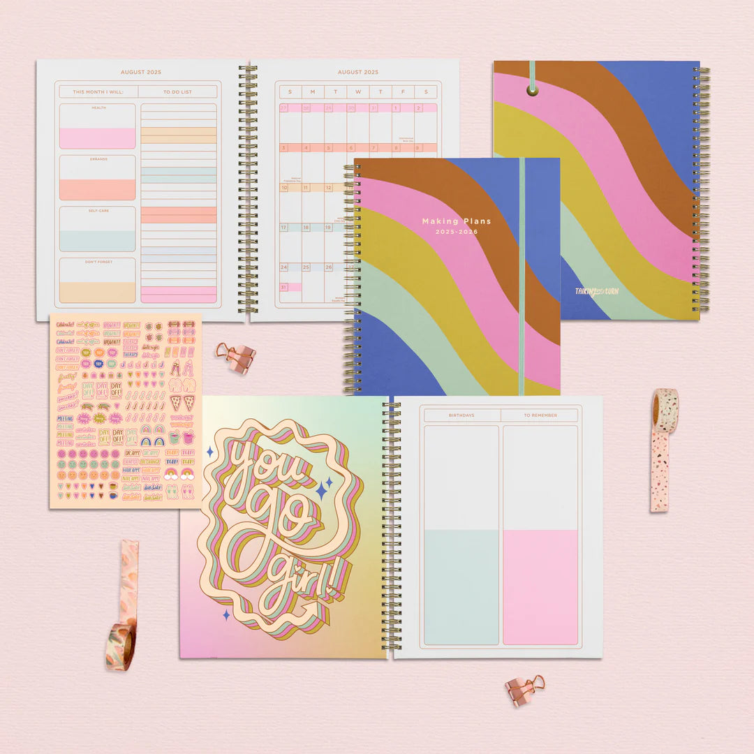 Flat lay showing cover and inside view of academic planner 