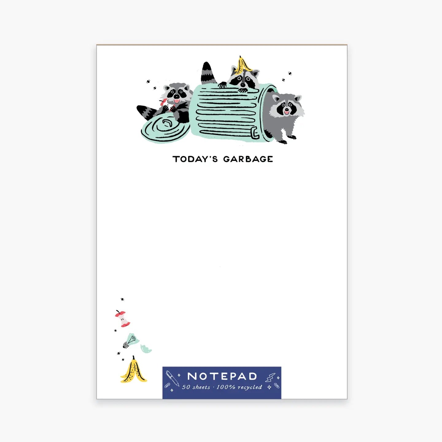 White notepad with illustration of raccoons in a garbage can at the top. Black text header “today’s garbage” 