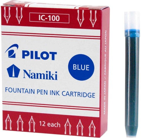 Red and white box for blue fountain pen ink. Blue text on box reads "Pilot Namiki Blue fountain pen ink cartridge." 