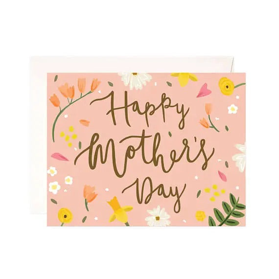 Horizontal greeting card with full color peach background. Colorful floral illustrations. Black text “happy Mother’s Day” 