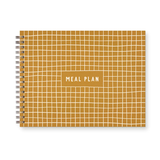 Front cover of spiral meal planner. Mustard color with white grid lines. Meal plan white text 