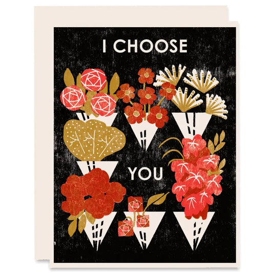 White card with full color black background. Multicolor floral bouquet illustrations. White text "I choose you" 