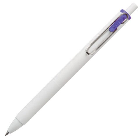 White pen barrel with silver clip. Purple detail near retractable cap. 