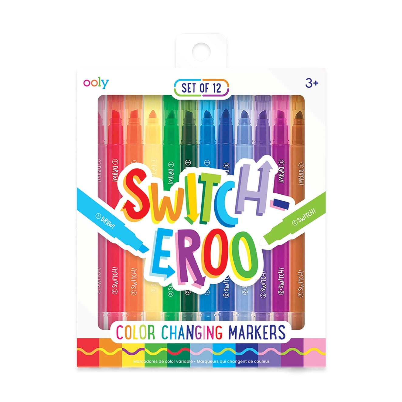 Front view of a box of 12 color changing markers