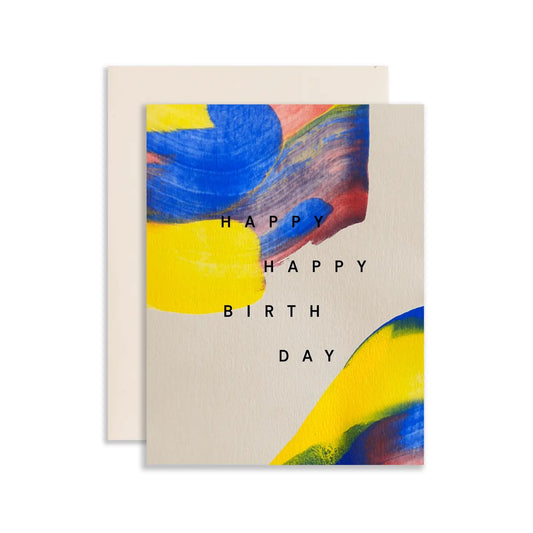 Light grey card with abstract red, blue, and yellow smeared paint design. "Happy happy birth day" in black text 