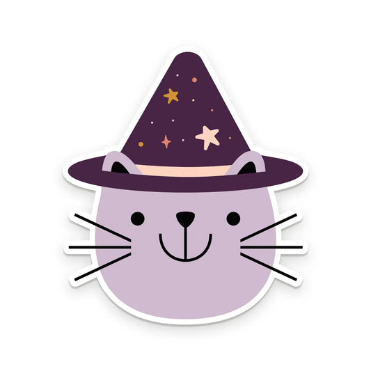 Die-cut sticker in the shape of a cat head wearing a witch hat. Light/dark purple color. 