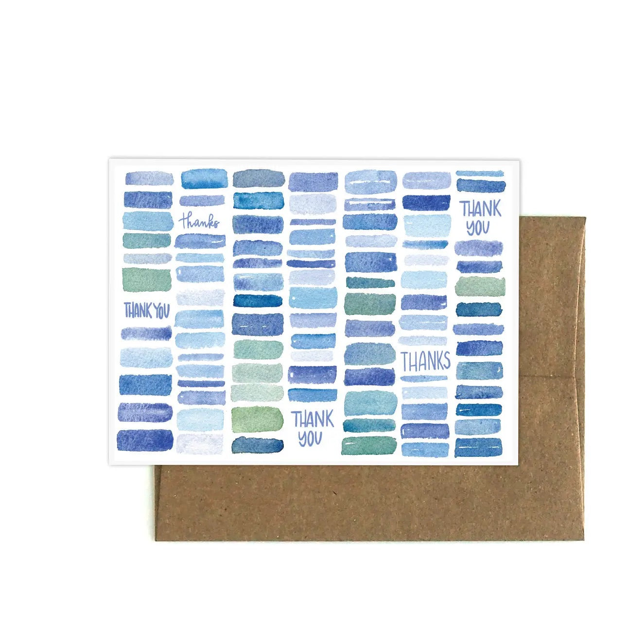 White greeting card with shades of blue watercolor rectangles and the words thank you 