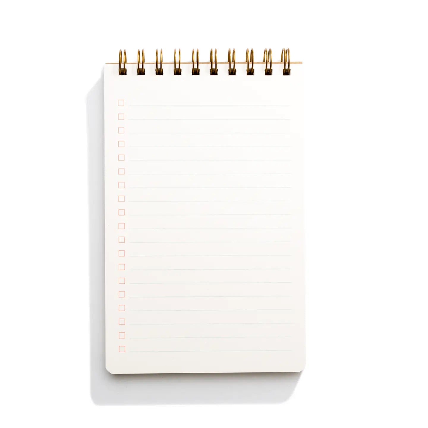 Inside view of top-spiral notebook. White paper with lines and square checkboxes.