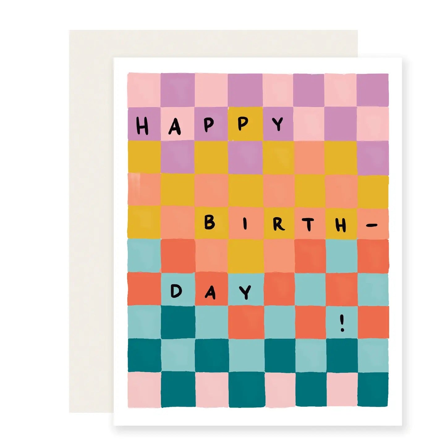 White card with multicolor checkerboard background. "Happy birth-day!" in black text. 