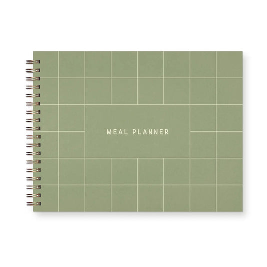 Front cover view of spiral-bound meal planner. Light green cover with white grid line design. White text "meal planner" 