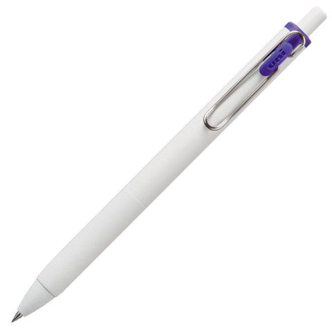 White pen barrel with silver clip. Royal blue detail near retractable cap. 