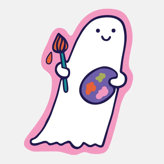 Die-cut sticker in the shape of a ghost. White ghost on a pink background. Ghost is holding a paintbrush and paint palate. 