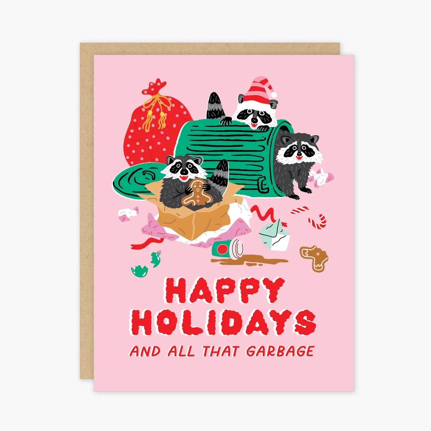 White card with full color pink background. Illustrations of trash cans and raccoons. Red text “happy holidays and all that garbage” 