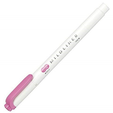 Highlighter with a white barrel and pink and white lid. Black text reads "mildliner" 