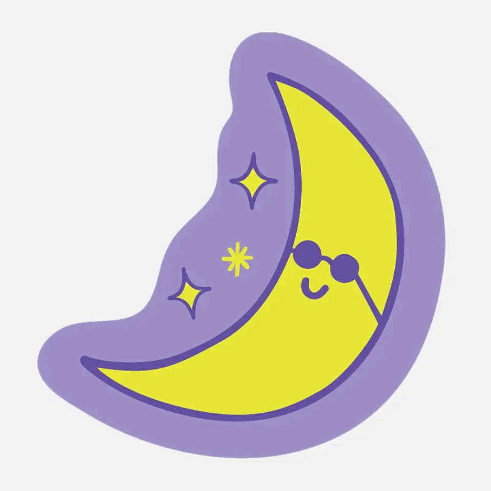 Die-cut sticker in the shape of a crescent moon. Purple background with neon yellow moon wearing purple sunglasses. 