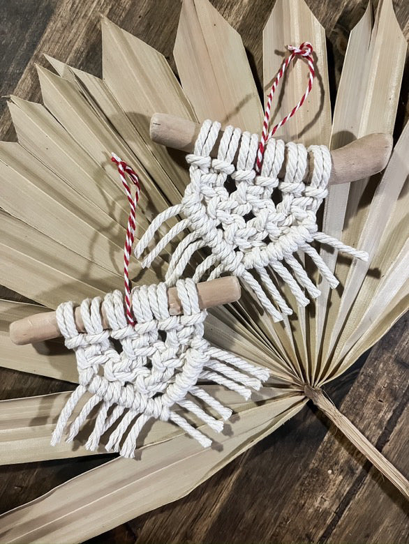 Two white macrame ornaments 