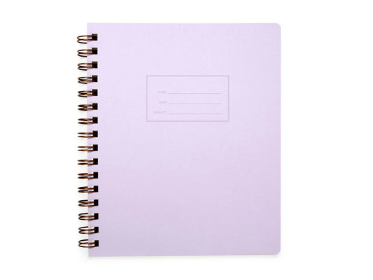 Front cover of spiral-bound notebook. Cover is lilac purple. "Name, date, subject" is letterpress printed into cover