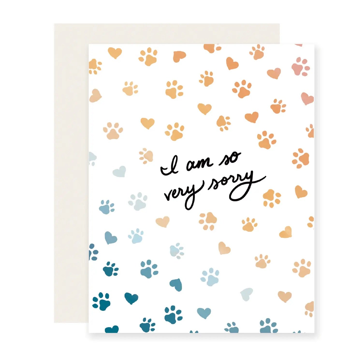 White card with illustration of blue and orange hearts and paw prints. "I am so very sorry" in black text. 