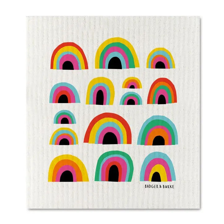 White square dish cloth with colorful rainbow pattern 