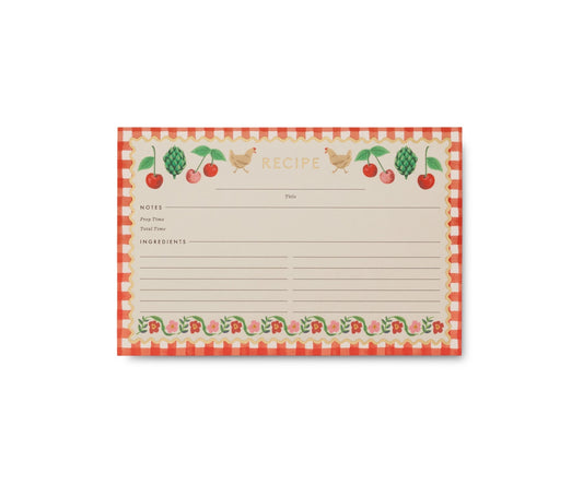 Front of recipe card. Light brown card with red and white check border. Illustrations of flowers, cherries and chickens 