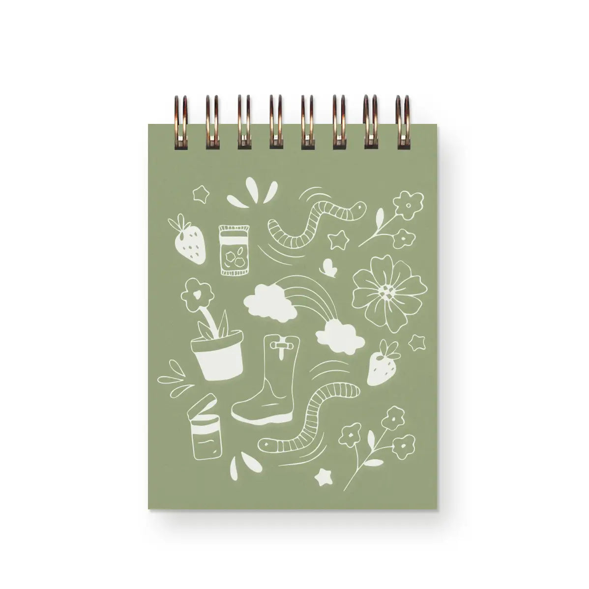 Front cover of top-spiral notebook. Green color with white garden illustrations 