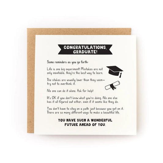 White card with illustrations of graduation cap and rolled diploma. Card text is in product description. 