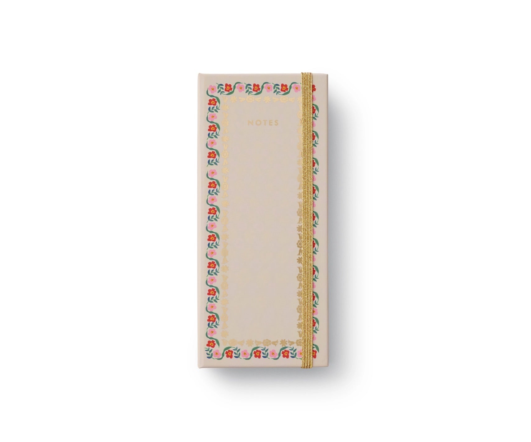 Closed book view of product. Cream-colored cover with pink and red floral border. 