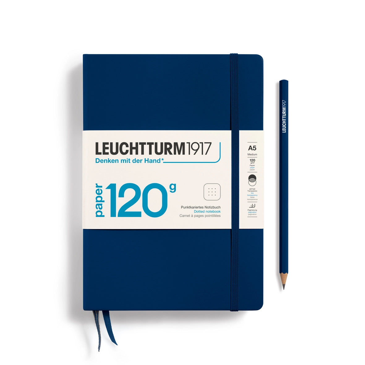 Navy blue notebook with white label featuring 'Leuchtturm1917' on a white background
