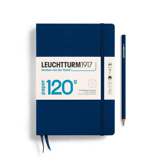 Navy blue notebook with white label featuring 'Leuchtturm1917' on a white background