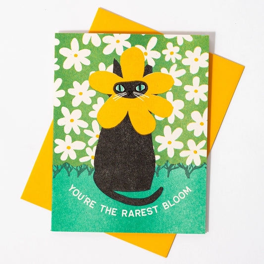 White greeting card with full color green background. Print of white daisies and a black cat with a yellow flower around its head. White text "you're the rarest bloom" 