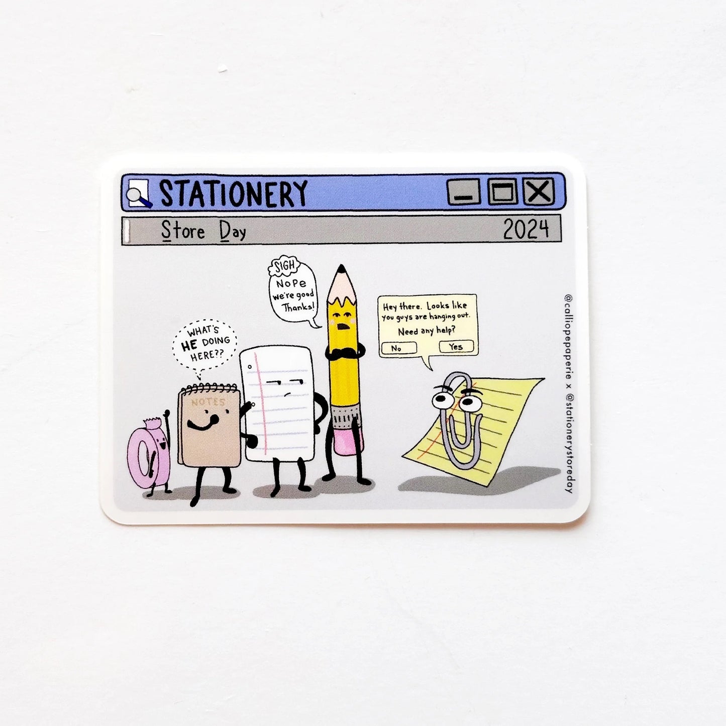 Rectangle shaped sticker that looks like an old Microsoft Word screen. Illustrations of tape, notebooks, a pencil, and a paperclip. 