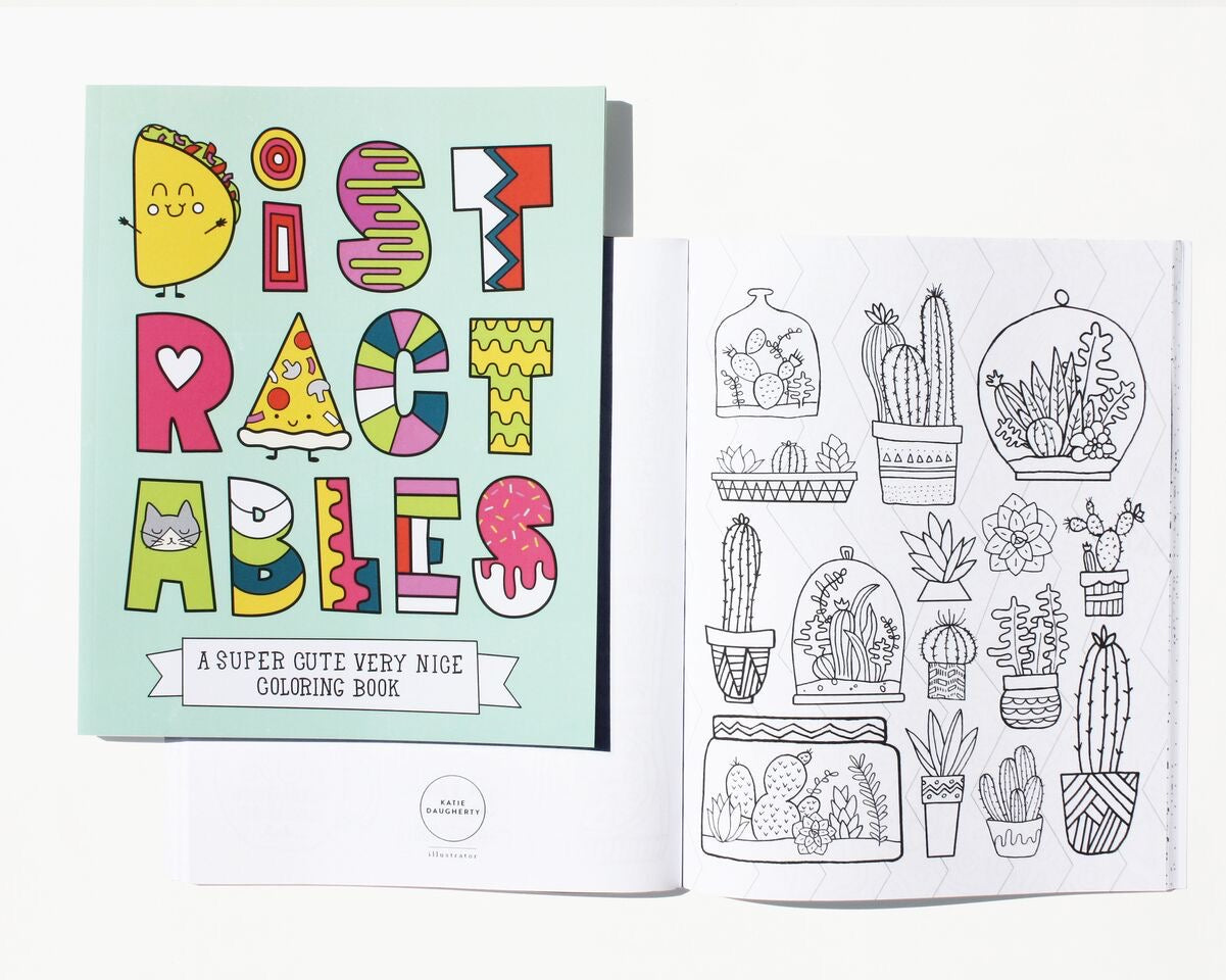 Front cover and inside view of coloring book. Inside view is of succulent illustrations 