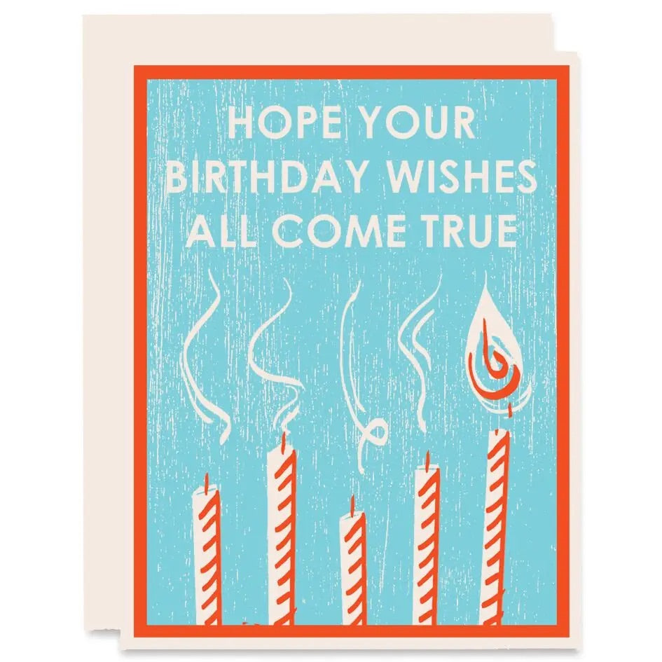 White card with full text blue background and orange border. Illustration of orange and white birthday candles. White text "hope your birthday wishes all come true" 