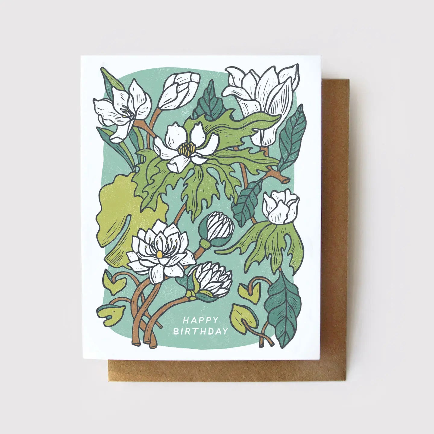 White birthday card with green, blue, and white floral illustrations. White text “happy birthday” 