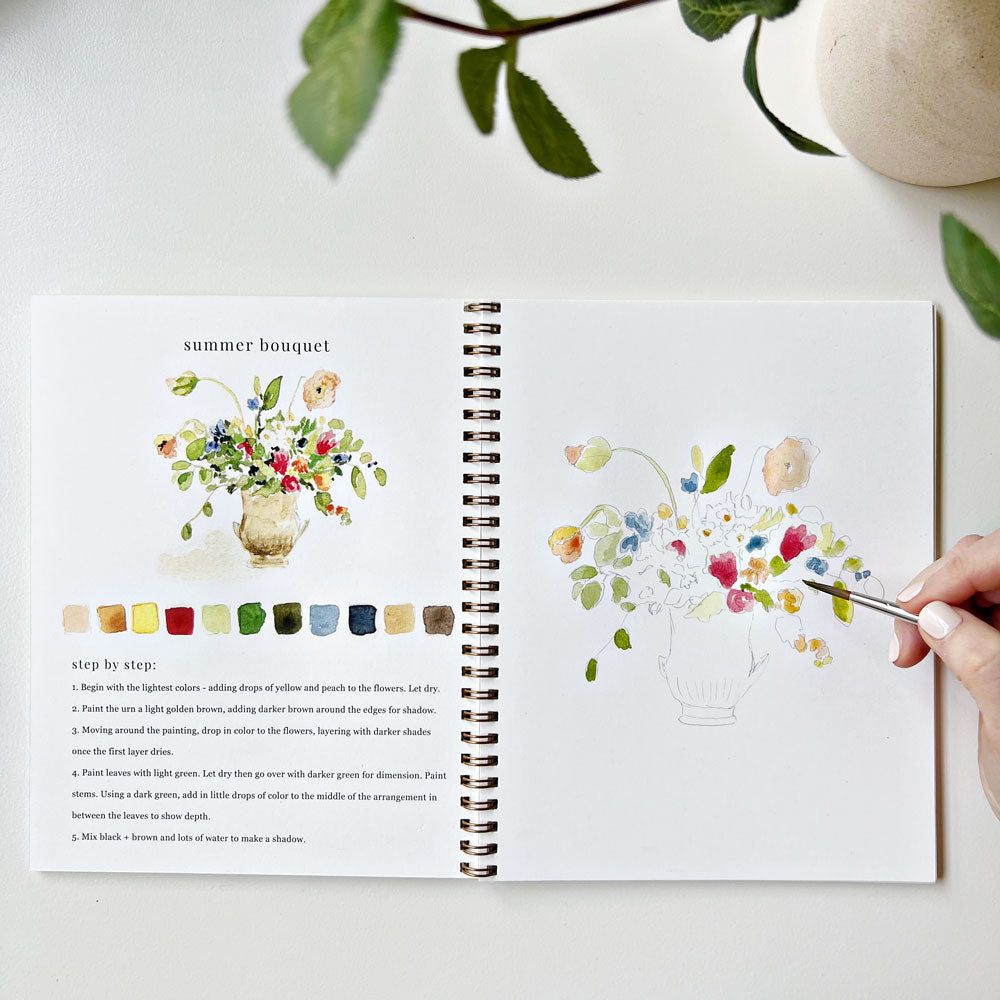 Inside view of workbook. Person is painting a floral bouquet with watercolor paints. 