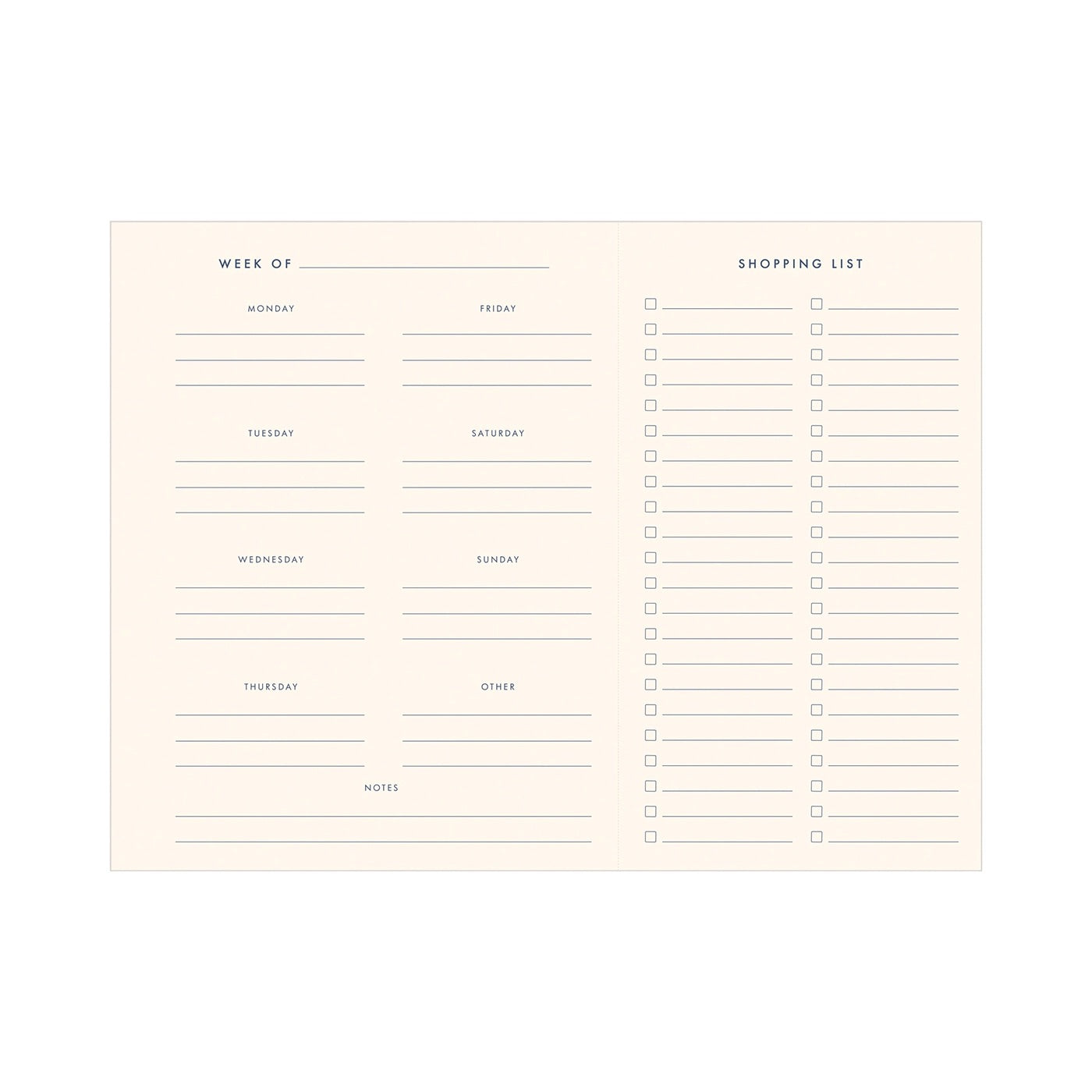 Inside view of meal planner. Lines for each meal/each day and a shopping list