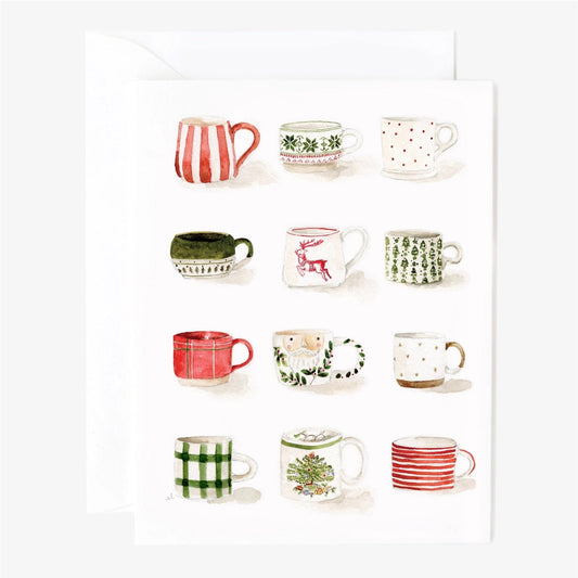 White card with 12 red and green illustration of coffee mugs 