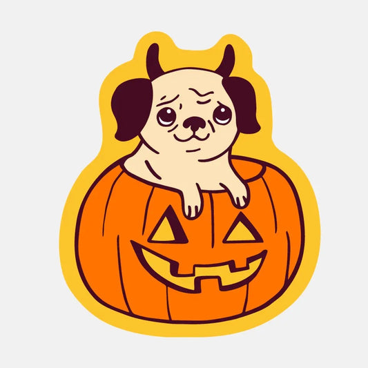 Die-cut sticker. Yellow background with an illustration of a pug dog sitting in a Jack-o-lantern 