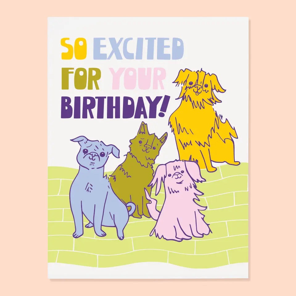 White greeting card with multicolor dog illustrations. Multicolor text “so excited for your birthday” 