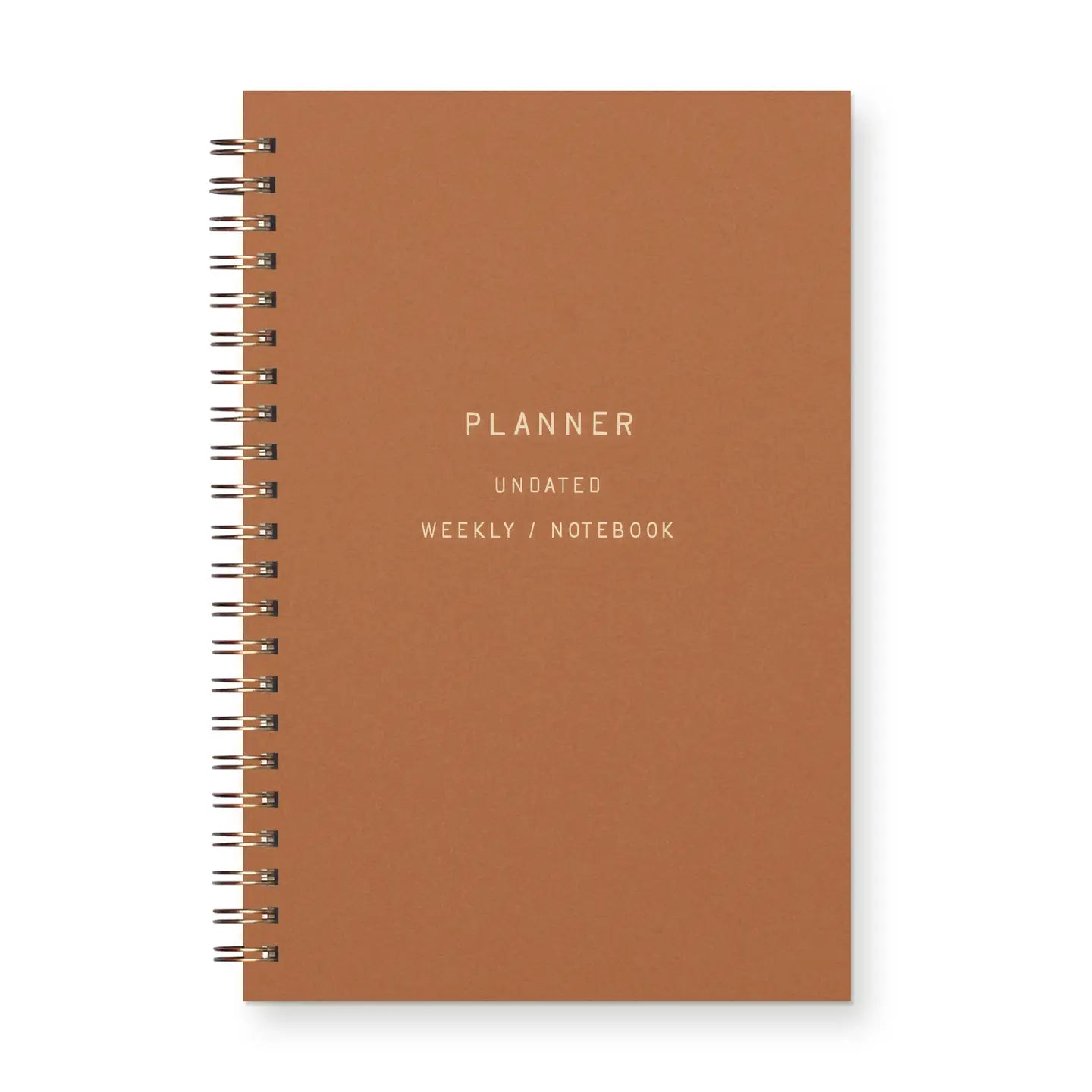 Front cover of spiral bound planner. Copper color 