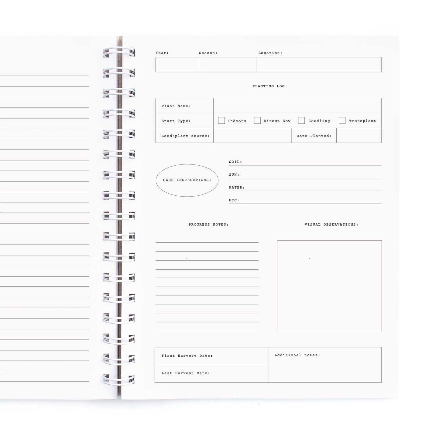 Inside view of notebook showing sections to track garden progress 