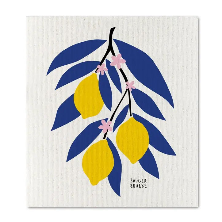 White square dish cloth with yellow and navy lemon branch pattern 