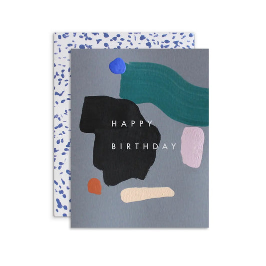 Grey card with abstract teal, black, and cream smeared paint design. "Happy birthday" in white text. 