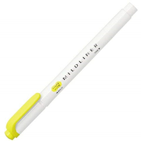 Highlighter with a white barrel and yellow and white lid. Black text reads "mildliner" 