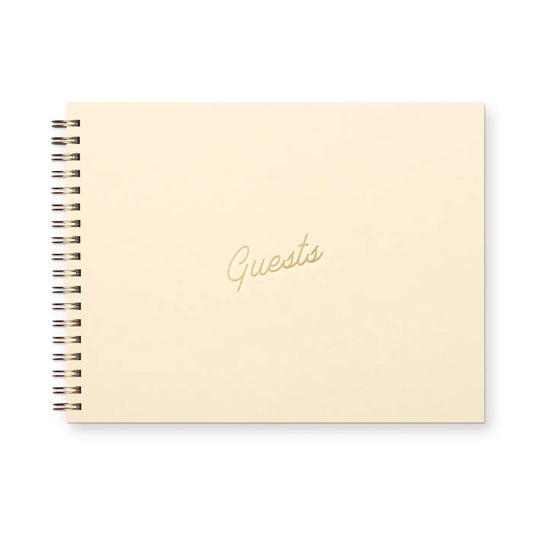 Front cover of spiral-bound guest book. French vanilla cover. "Guests" is imprinted into cover