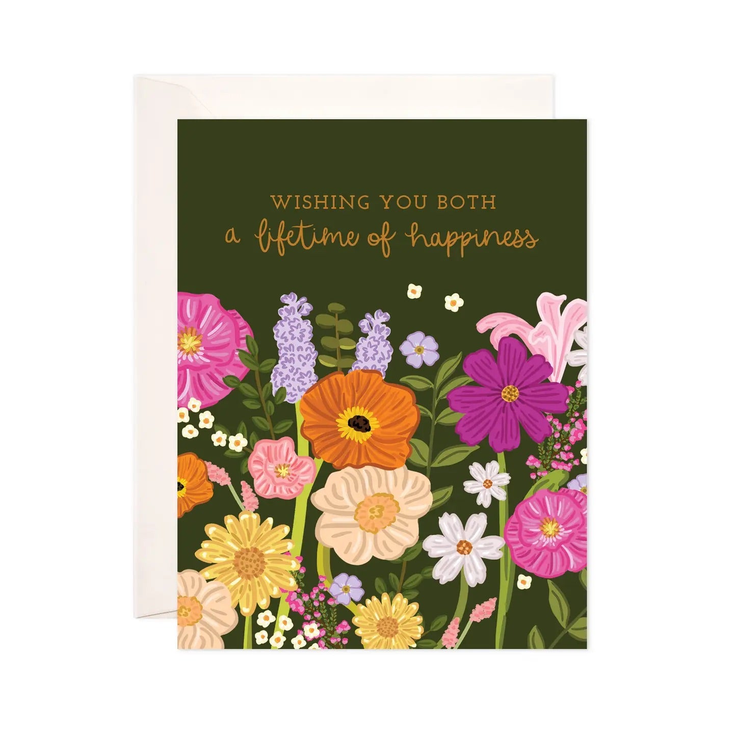 White greeting card with full color black and multicolor floral background. Brown text “wishing you both a lifetime of happiness”  