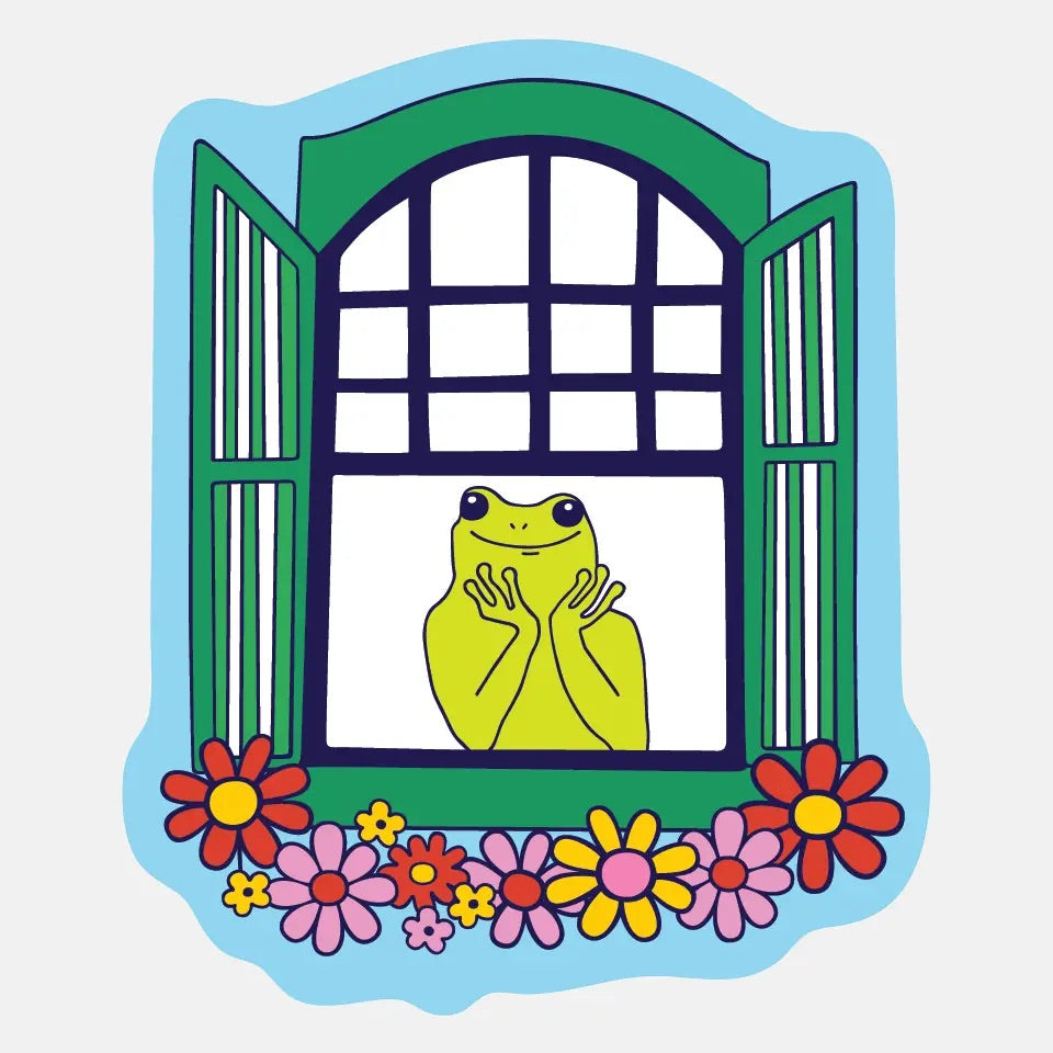 Die-cut sticker. Blue background with a colorful illustration of a frog looking out a window. Flowers under the window. 